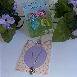 Nwt bff unicorn charm gold tone necklace w/new My Little Pony Colorful Erasers
